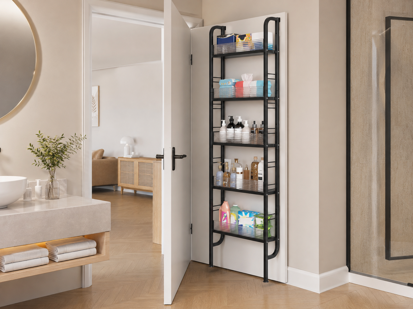 Rangement sous lit dans une chambre de petit appartement